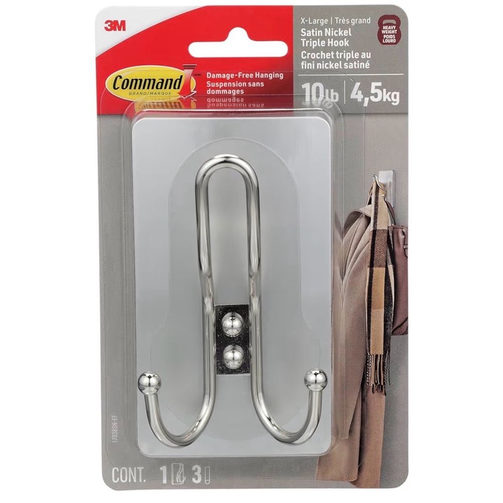 Command X-Large Satin Nickel Triple Hook